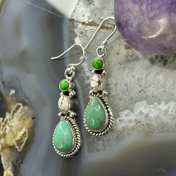 Sterling Silver Southwestern Style Multistone Dangle Earrings For Women #13 - Picture 5 of 10
